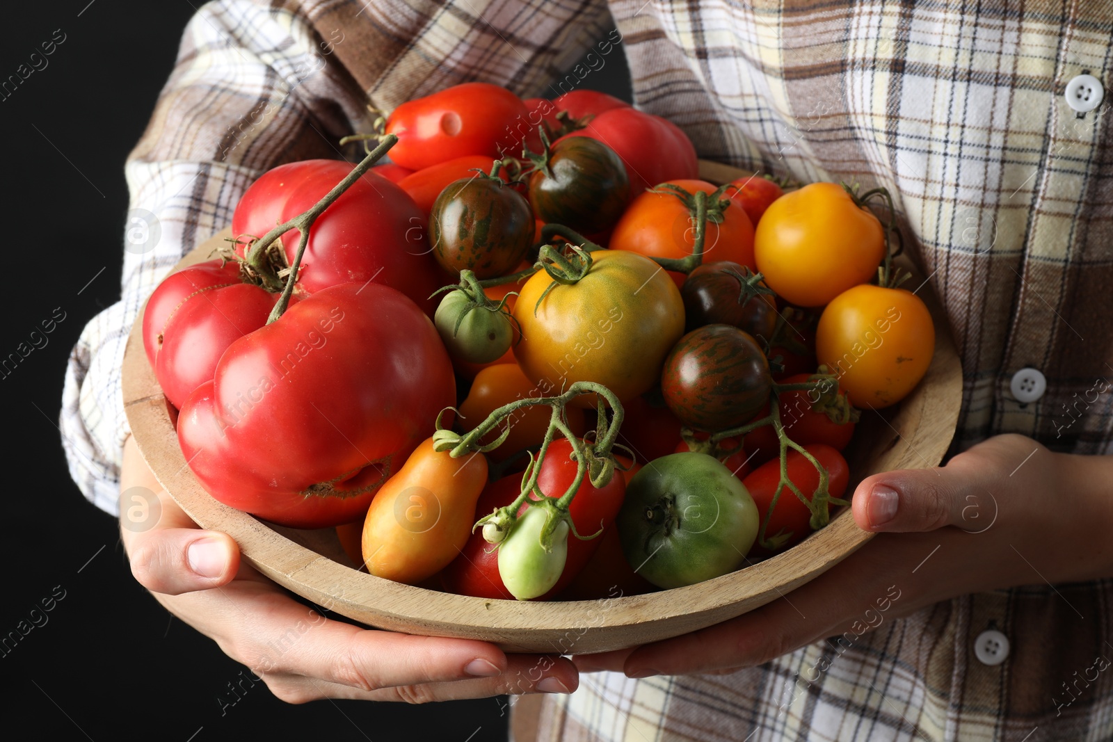 Photo of Woman holding bowl of different fresh tomatoes on black background, closeup