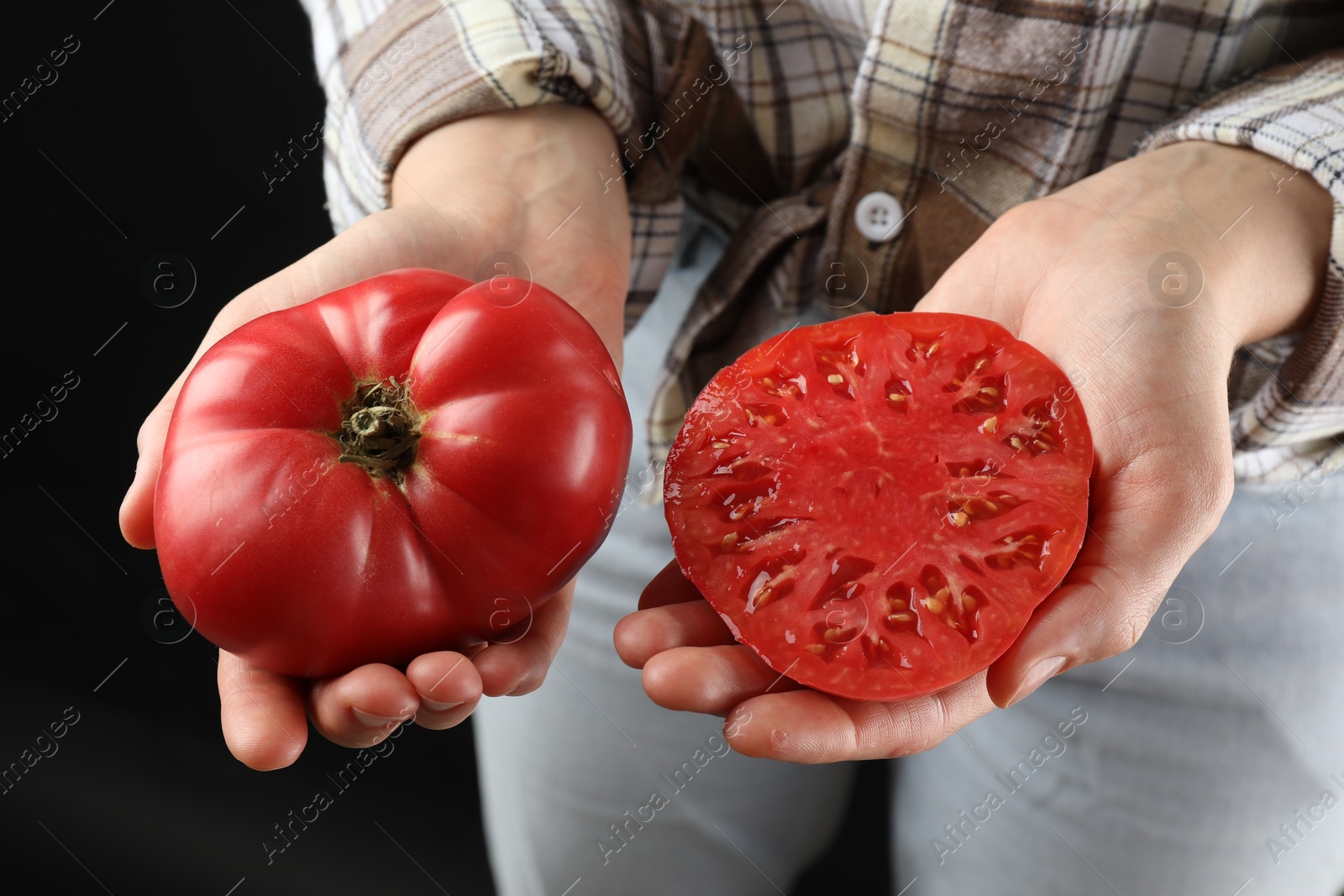 Photo of Woman holding whole and cut ripe tomatoes on black background, closeup