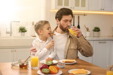 Father and his cute little son having breakfast at table in kitchen on sunny morning