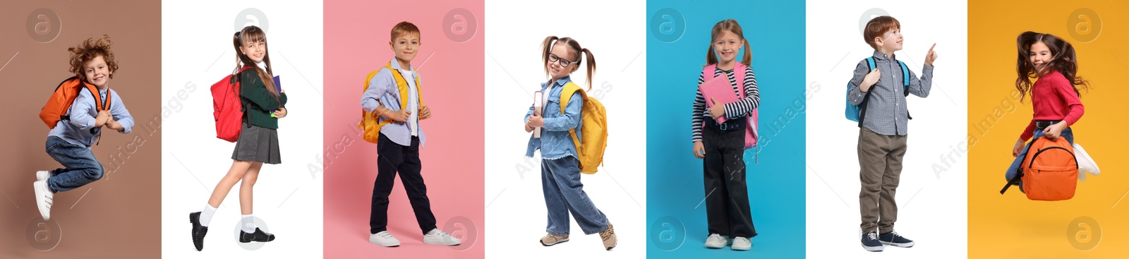 Image of Children with backpacks on different colors backgrounds. Back to school