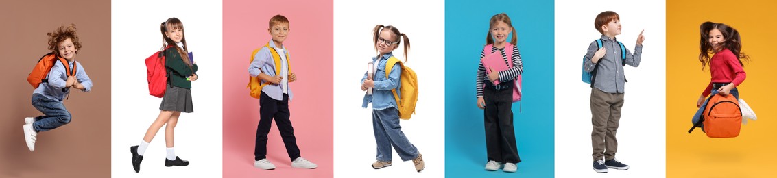 Children with backpacks on different colors backgrounds. Back to school