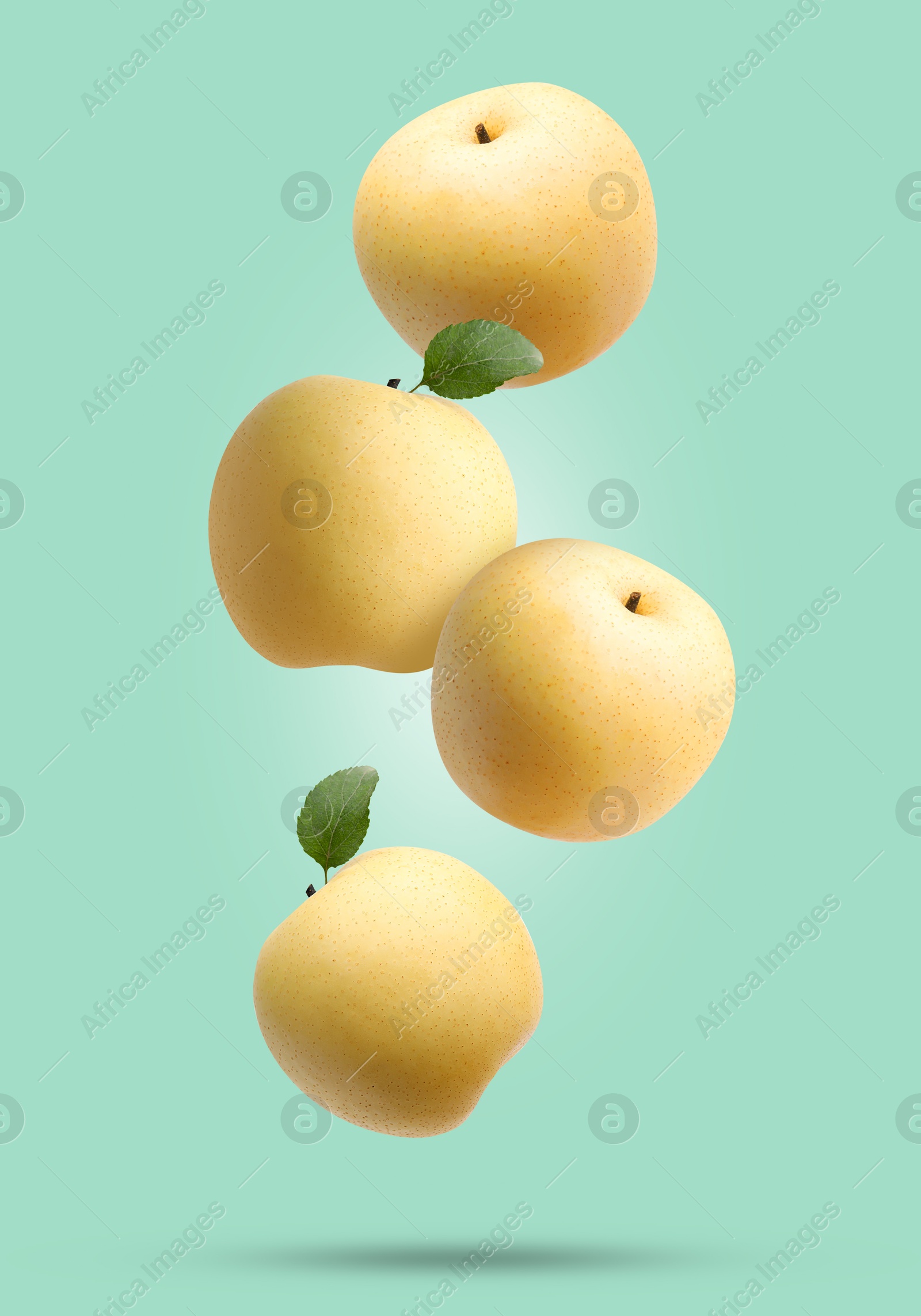 Image of Fresh apple pears falling on turquoise background