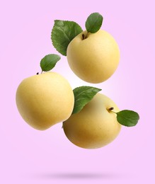 Image of Fresh apple pears and green leaves falling on violet background