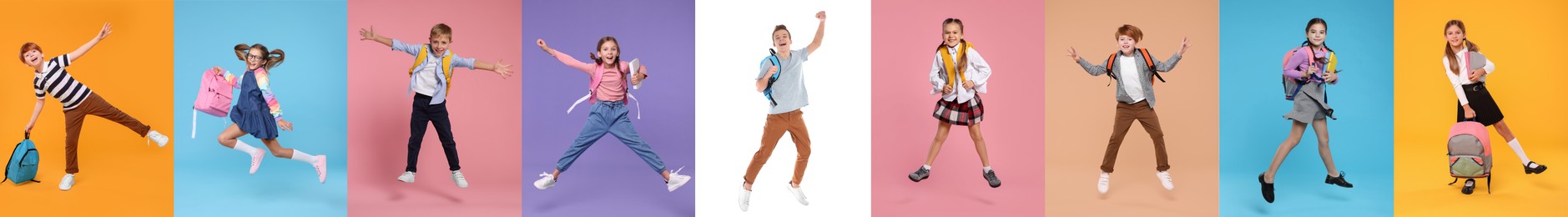 Children with backpacks jumping on different colors backgrounds. Back to school