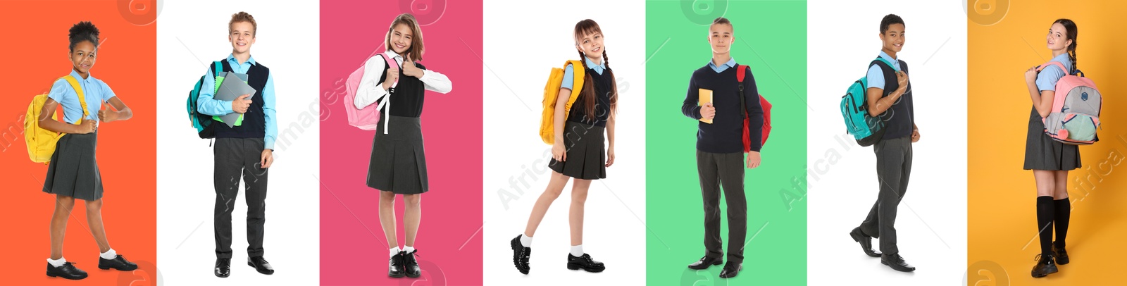 Image of Children with backpacks on different colors backgrounds. Back to school