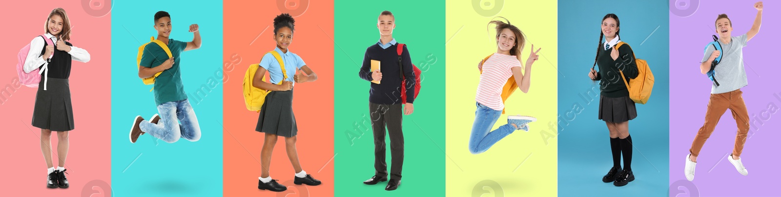 Image of Children with backpacks on different colors backgrounds. Back to school