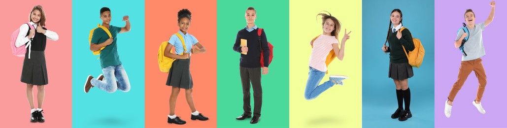 Children with backpacks on different colors backgrounds. Back to school