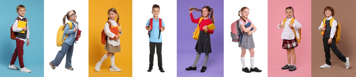 Children with backpacks on different colors backgrounds. Back to school