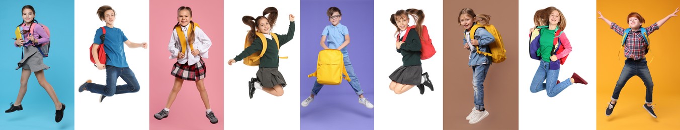 Image of Children with backpacks jumping on different colors backgrounds. Back to school