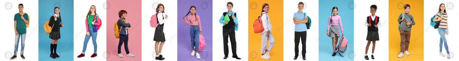 Image of Children with backpacks on different colors backgrounds. Back to school