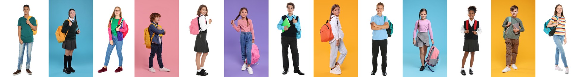 Children with backpacks on different colors backgrounds. Back to school