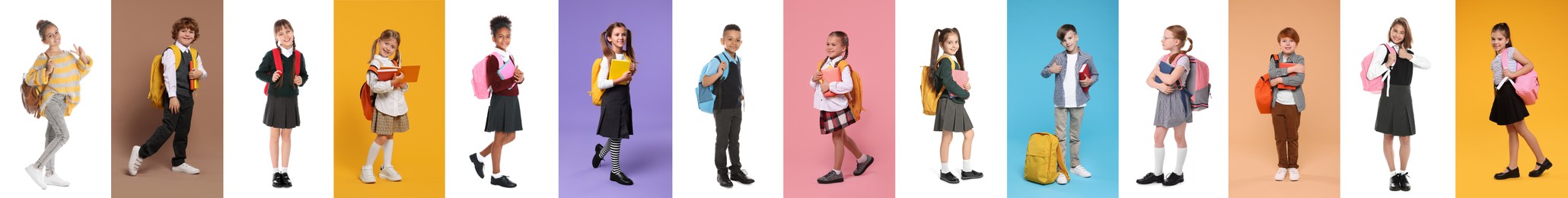 Children with backpacks on different colors backgrounds. Back to school