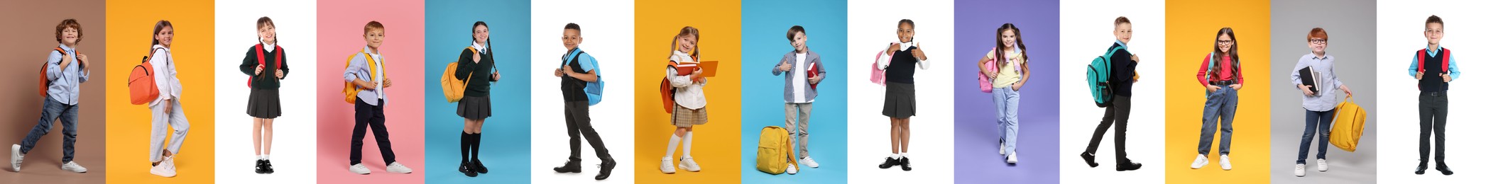 Children with backpacks on different colors backgrounds. Back to school