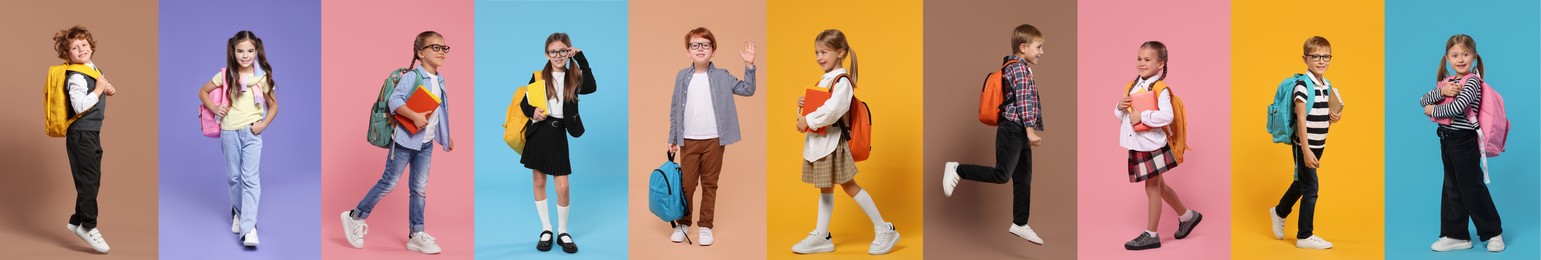 Children with backpacks on different colors backgrounds. Back to school