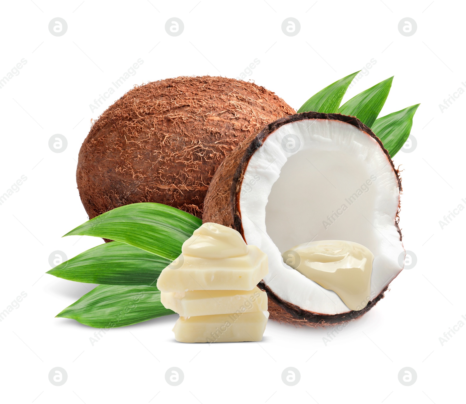 Image of Coconuts and tasty chocolate isolated on white