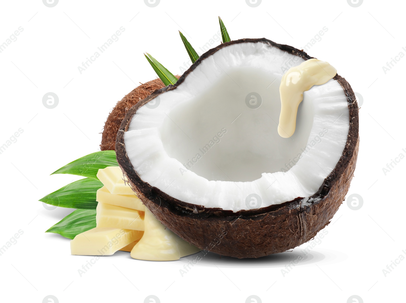 Image of Coconuts and tasty chocolate isolated on white