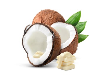 Image of Coconuts and tasty chocolate isolated on white