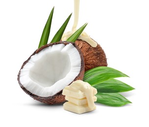 Image of Coconuts and tasty chocolate isolated on white