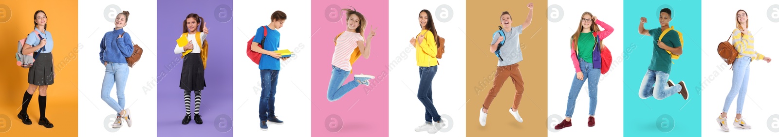 Image of Children with backpacks on different colors backgrounds. Back to school