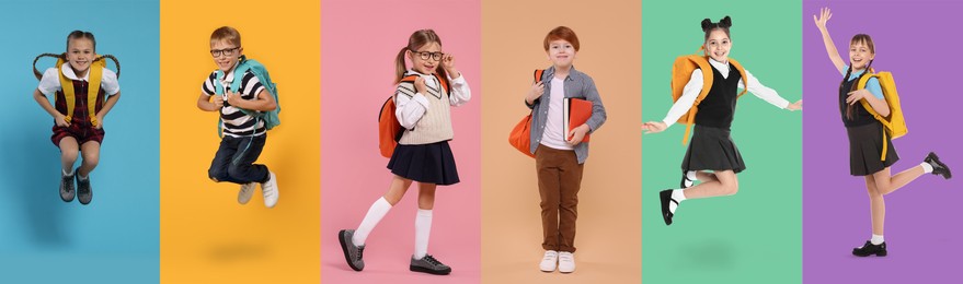 Children with backpacks on different colors backgrounds. Back to school