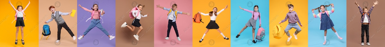 Image of Children with backpacks on different colors backgrounds. Back to school