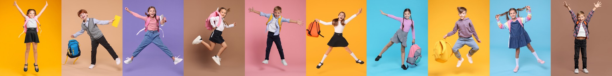 Image of Children with backpacks on different colors backgrounds. Back to school