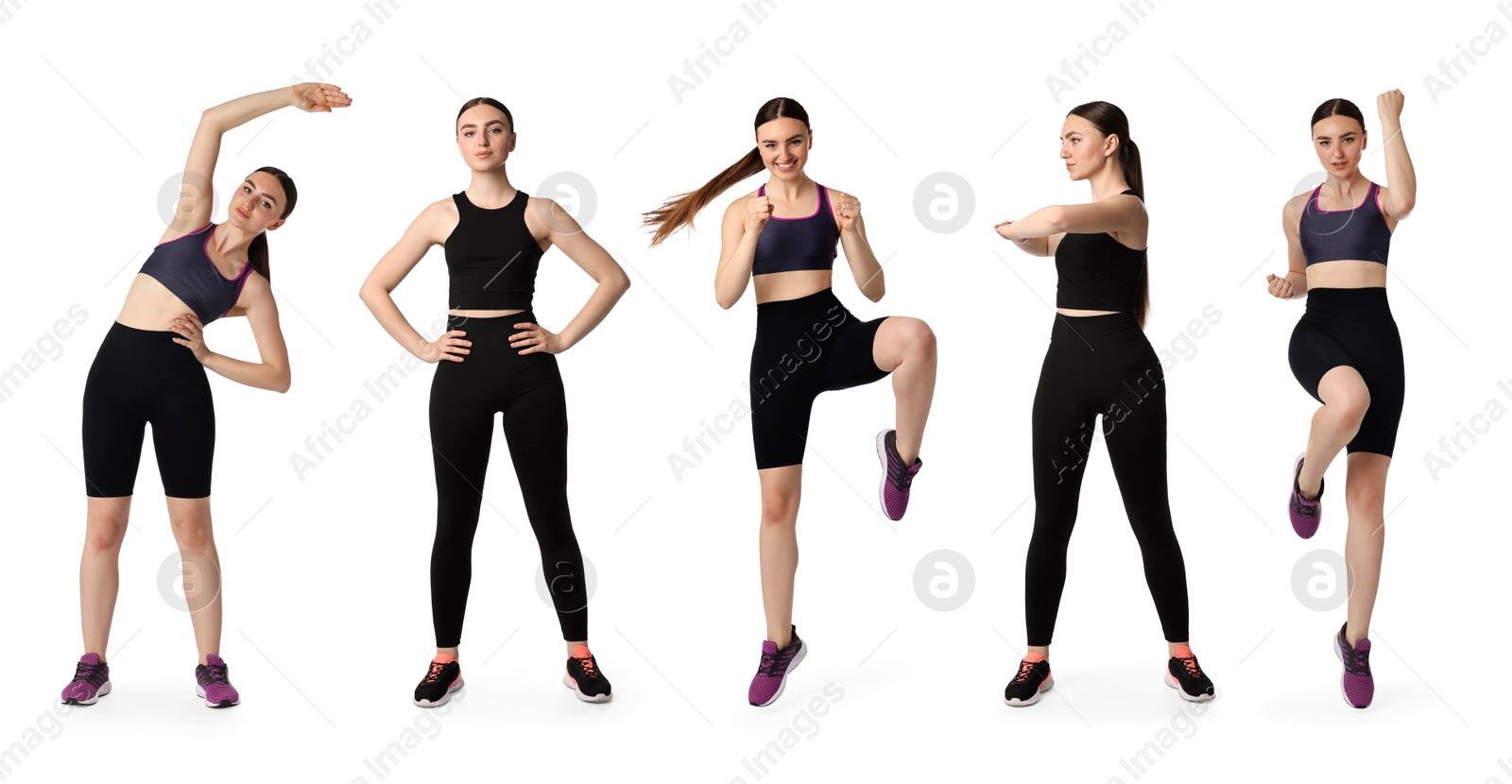 Image of Aerobics. Young woman doing exercises on white background, collage