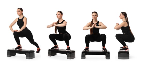 Collage of young woman doing aerobic exercises with step platform on white background