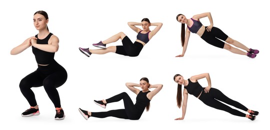 Image of Aerobics. Young woman doing exercises on white background, collage