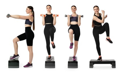 Collage of young woman doing aerobic exercises with step platform on white background