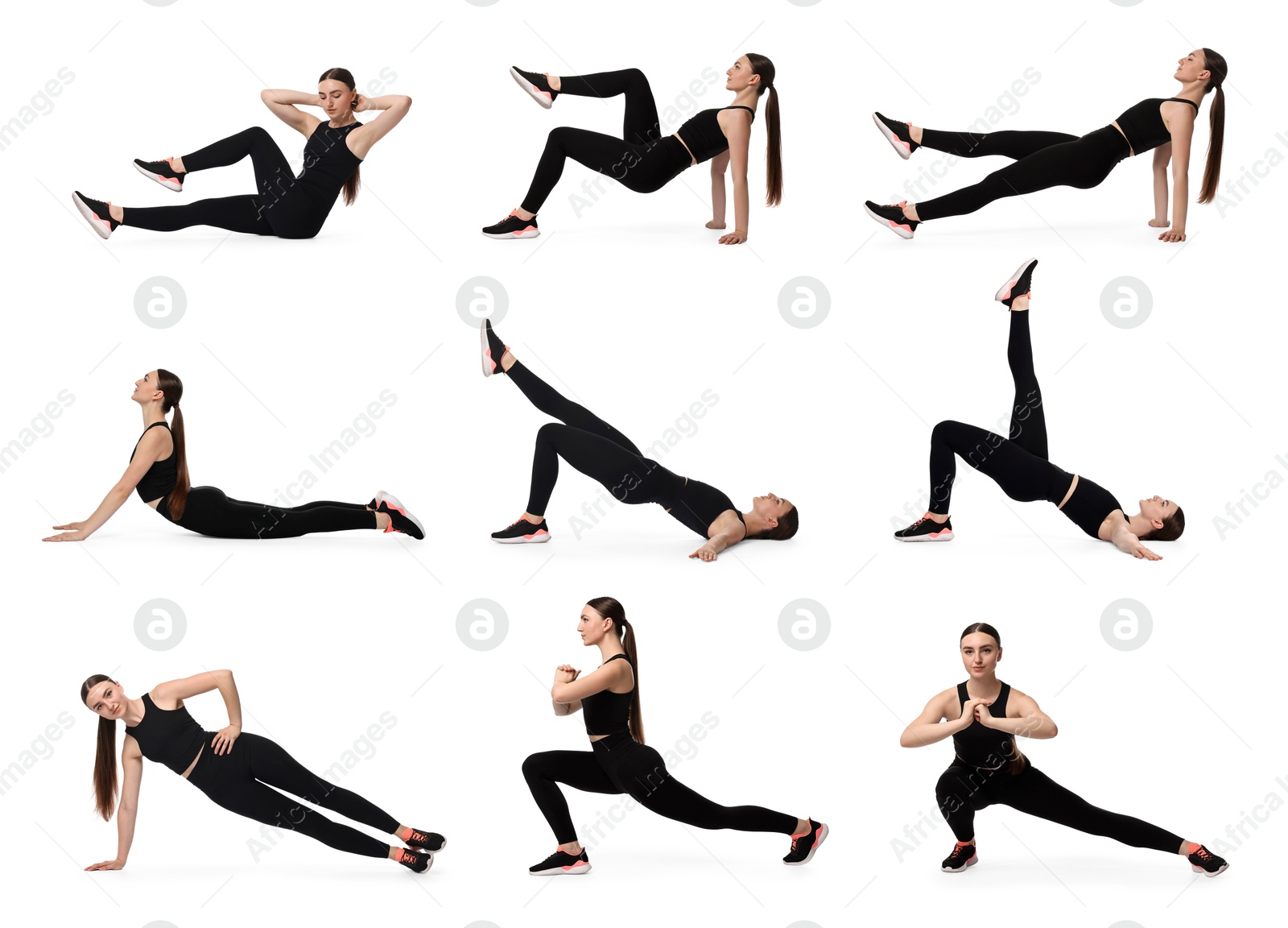 Image of Aerobics. Young woman doing exercises on white background, collage