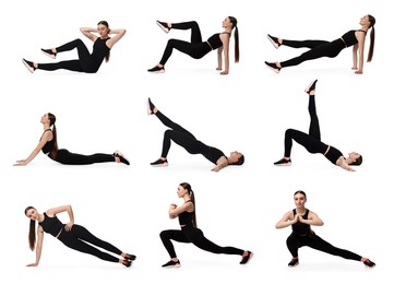 Aerobics. Young woman doing exercises on white background, collage