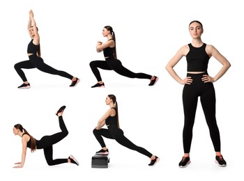 Image of Aerobics. Young woman doing exercises on white background, collage