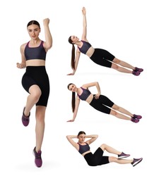 Image of Aerobics. Young woman doing exercises on white background, collage