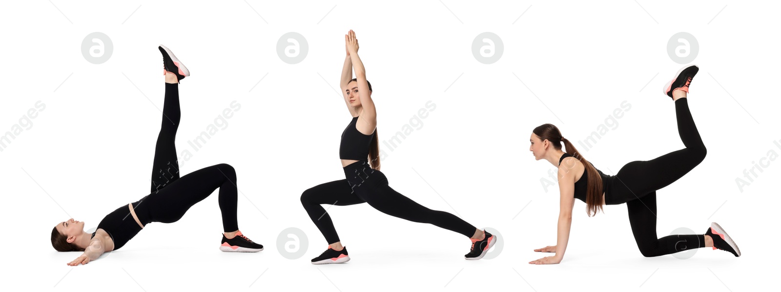 Image of Aerobics. Young woman doing exercises on white background, collage