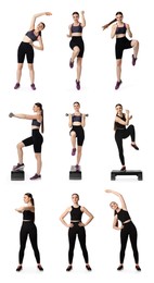 Young woman doing aerobic exercises on white background, collage