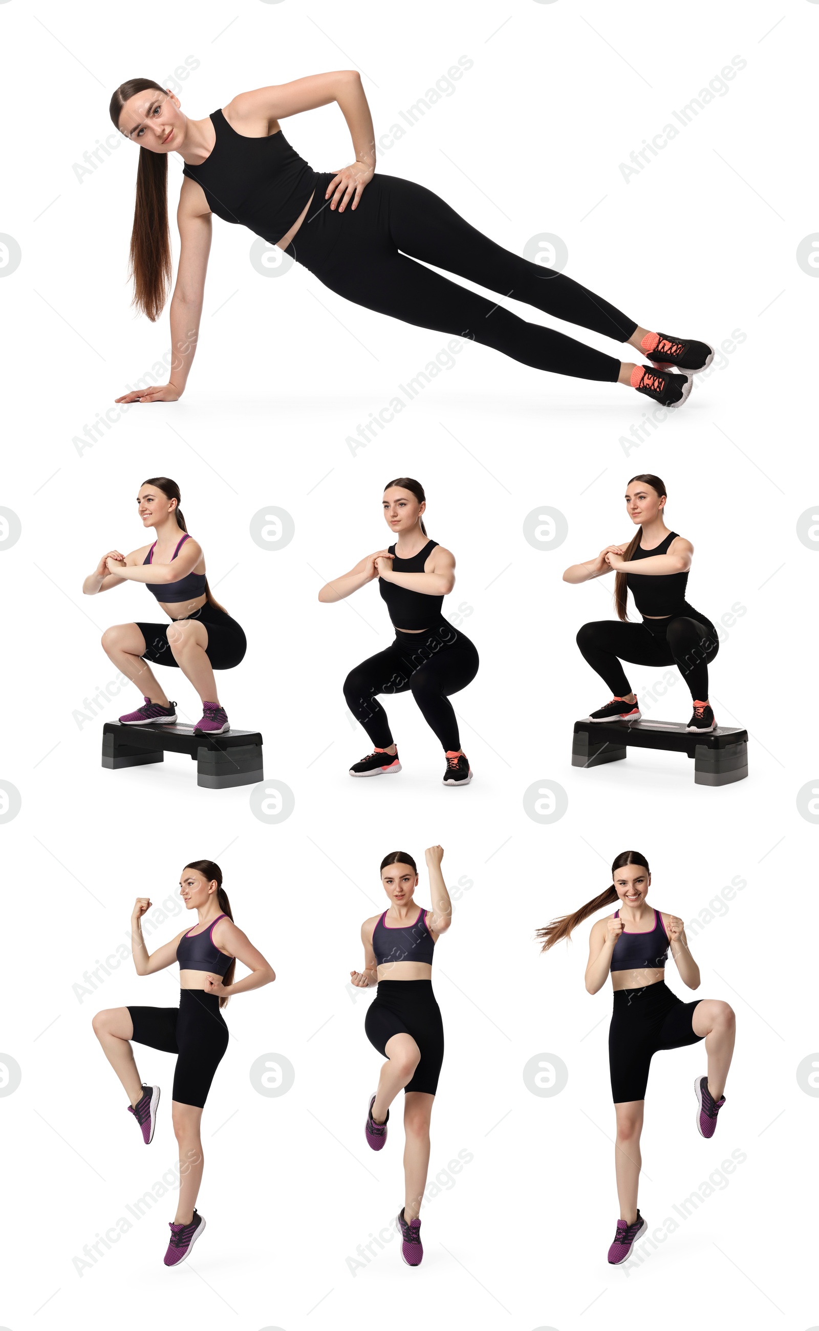 Image of Young woman doing aerobic exercises on white background, collage