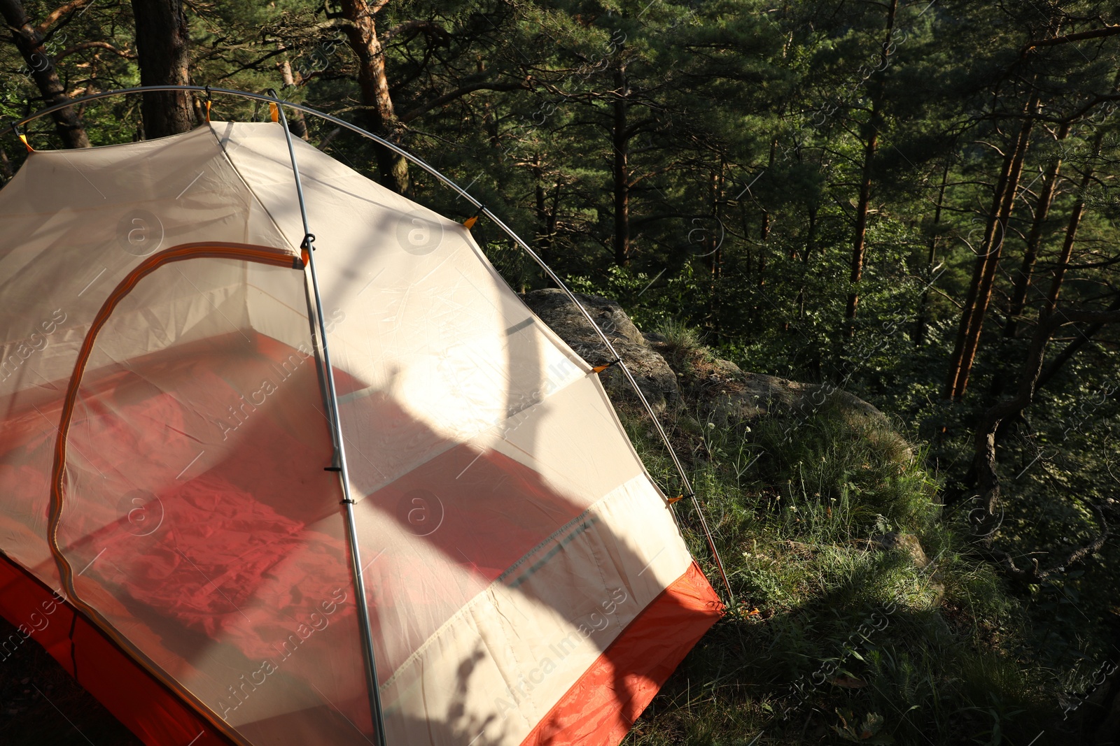 Photo of Modern camping tent in forest at summer, space for text