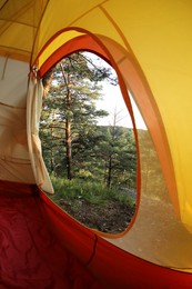 Photo of Modern camping tent in wilderness at summer, view on forest through window