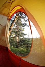 Photo of Modern camping tent in wilderness at summer, view on forest through window