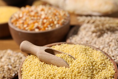 Photo of Different types of cereals on wooden table, closeup