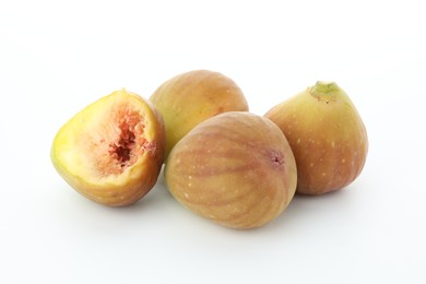 Photo of Many fresh ripe figs on white background