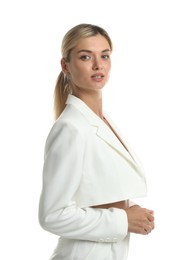 Photo of Beautiful woman in stylish suit on white background