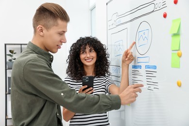 Photo of Developing UI design. Man and woman drawing website wireframe on whiteboard indoors