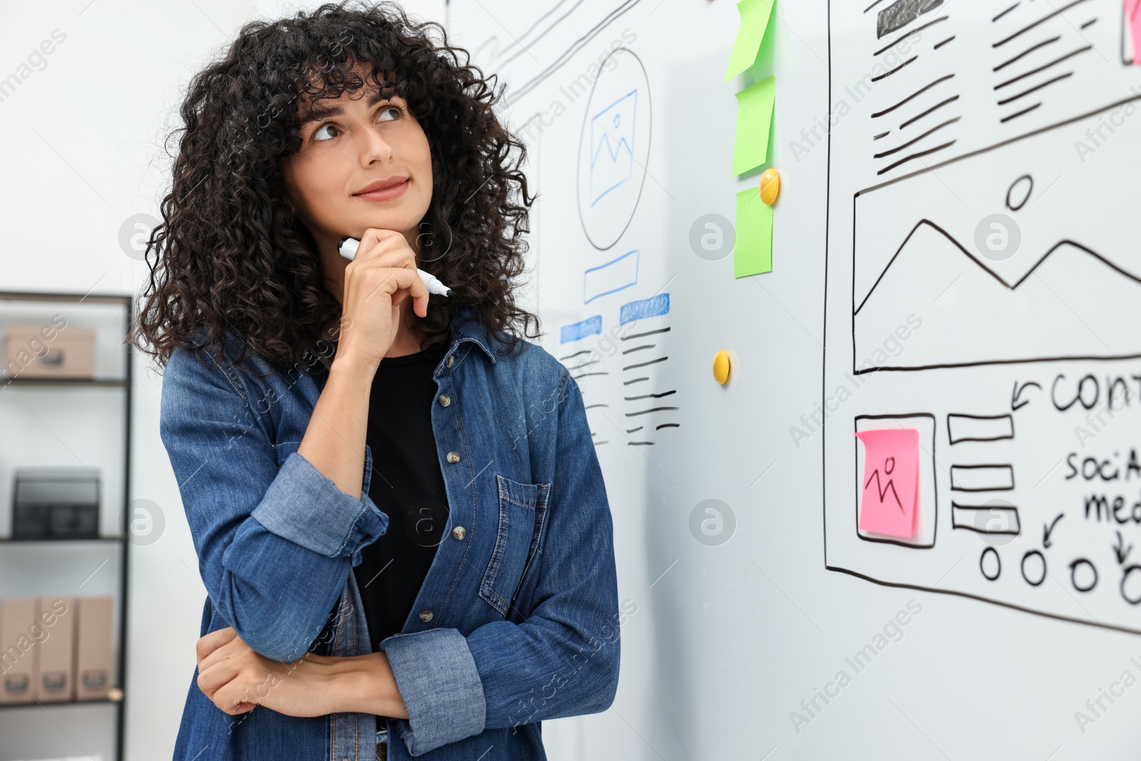 Photo of Developing UI design. Woman planning website wireframe on whiteboard indoors