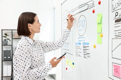 Developing UI design. Woman drawing website wireframe on whiteboard indoors