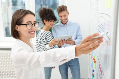 Developing UI design. People drawing website wireframe on whiteboard indoors