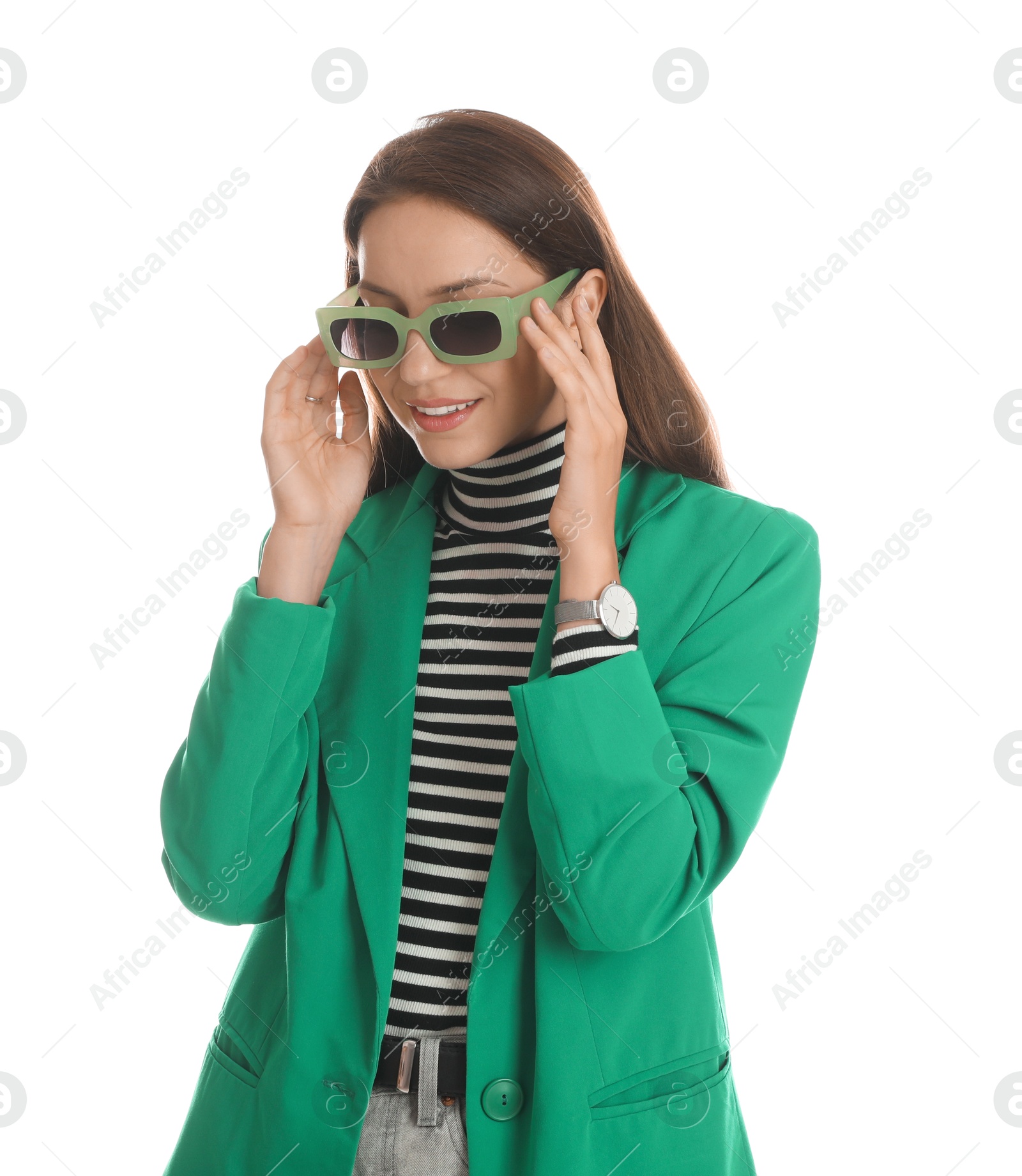 Photo of Beautiful woman in stylish green jacket and sunglasses on white background