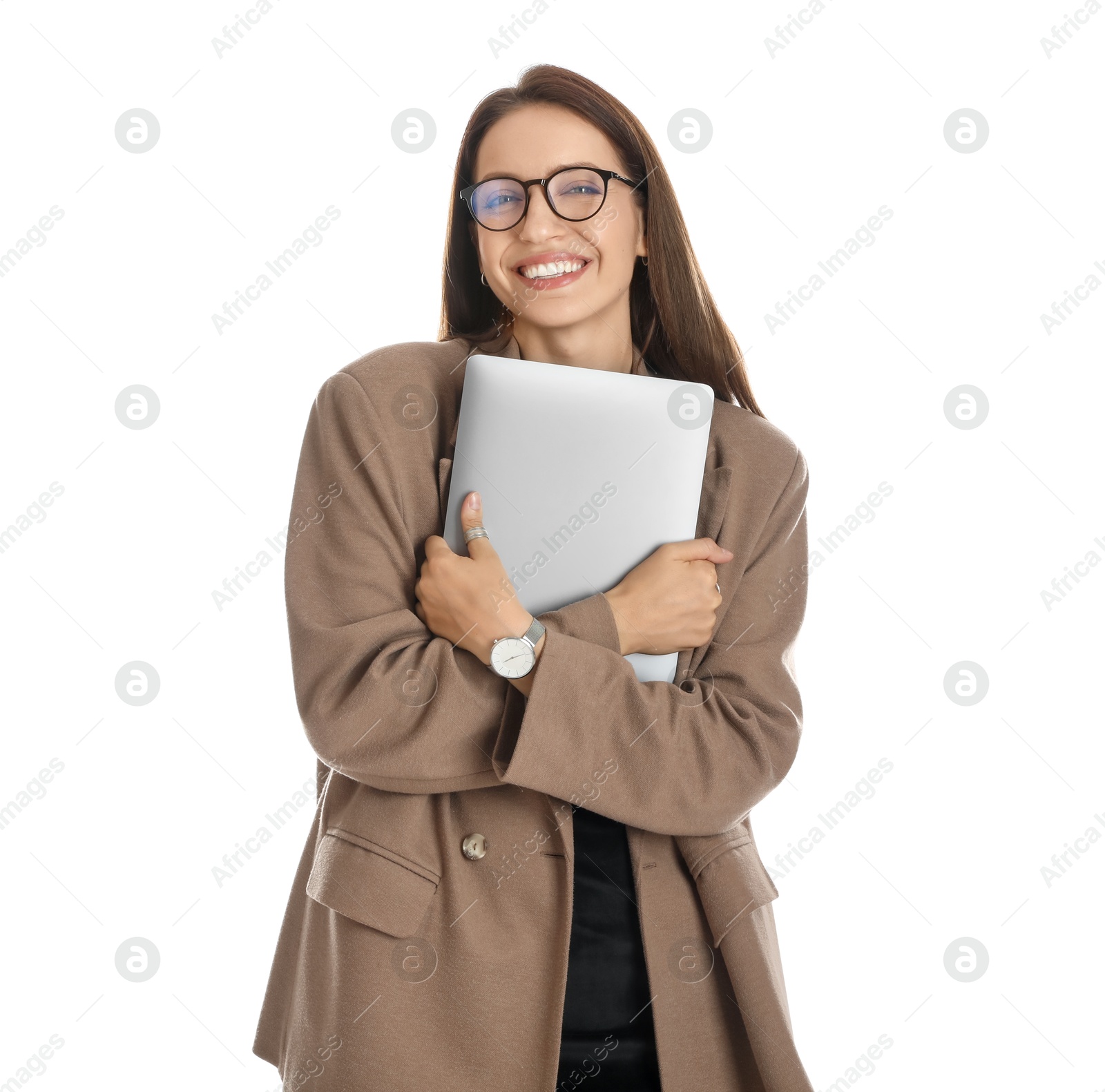 Photo of Beautiful woman in stylish brown jacket, glasses and black dress with laptop on white background