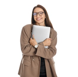 Beautiful woman in stylish brown jacket, glasses and black dress with laptop on white background